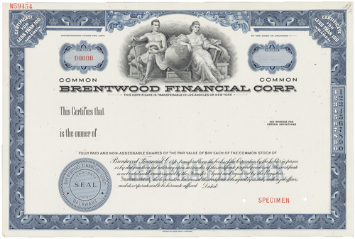 Brentwood Financial Corp. Stock Certificate.