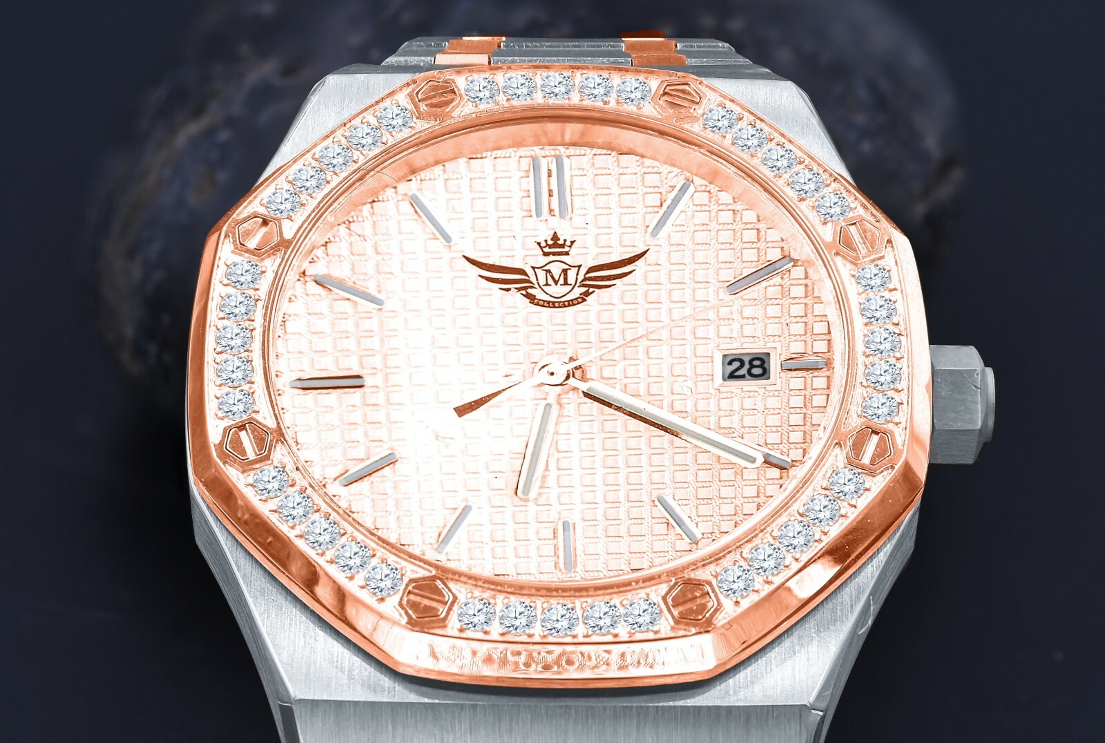 Pre-owned Bling Master Men's Full Steel 2 Tone Rose Gold Finish W/date Simulated Diamond 42mm Watch