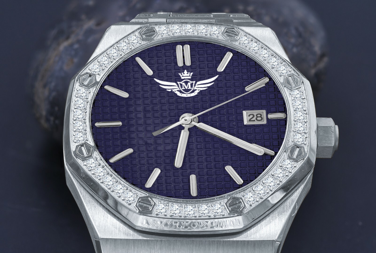 Pre-owned Bling Master Men's Full Steel Blue Dial White Gold Tone W/date Simulated Diamonds 42 Mm Watch