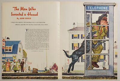 1960 Magazine Picture Dog,Cat & Man in Telephone Booth Illustrated by Tom Rost