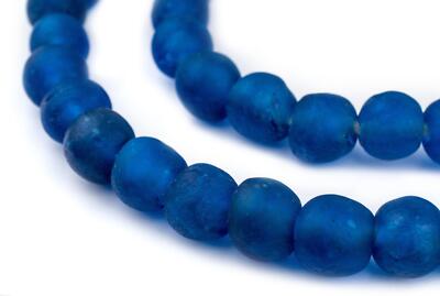 Dark Azul Recycled Glass Beads 14mm Ghana African Sea Glass Blue Round Handmade