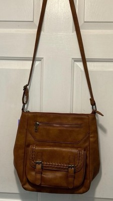 Under One Sky Braided Brown Vegan Leather Tote Bag Zip Pocket Purse Crossbody