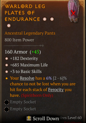 Diablo 4  Season 6 3GA Pants Max Life, Dexterity, Basic Skill