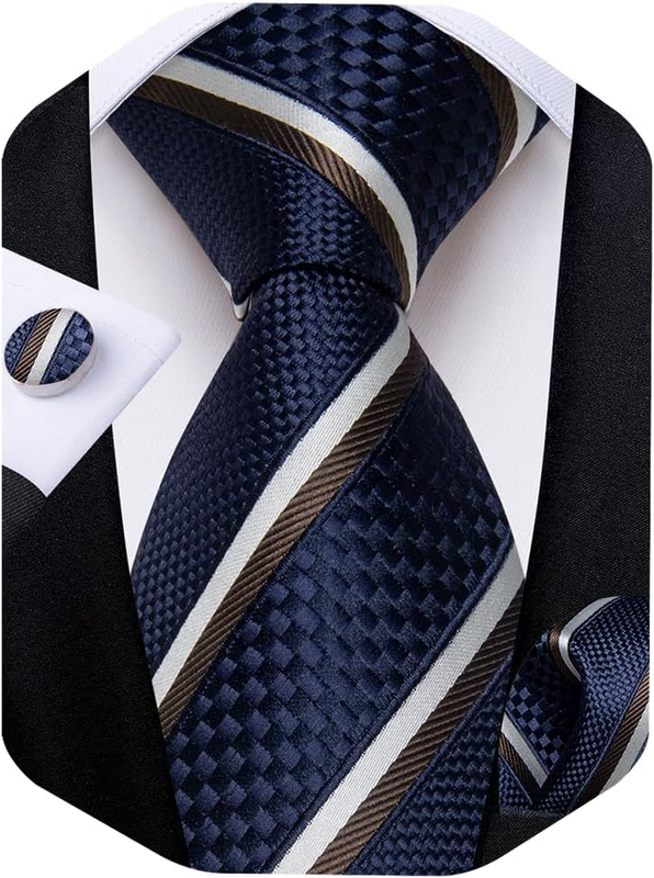 Striped Tie Set for Men Silk Woven Plaid Necktie and Pocket Square Cufflinks Bus