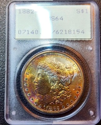   PCGS 1882-S Morgan MONSTER TONER !! Rainbow Textile Old Green '' Rattler ''   