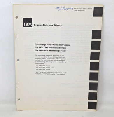 VTG 1964 IBM Systems Reference Library 1401 1460 Disk Storage Instructions OA22