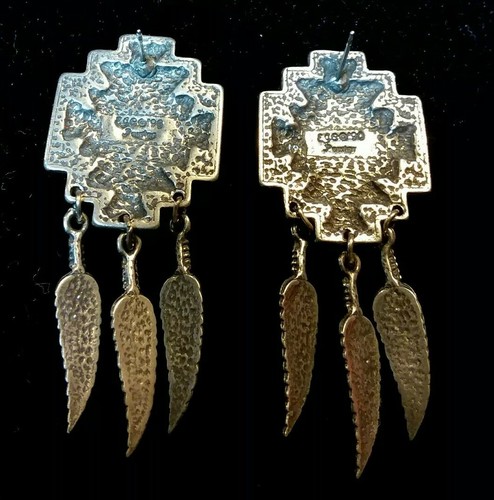 Vintage EJC 90 Pewter & Onyx Inlaid Dangle Feathers Southwestern Style 1990
