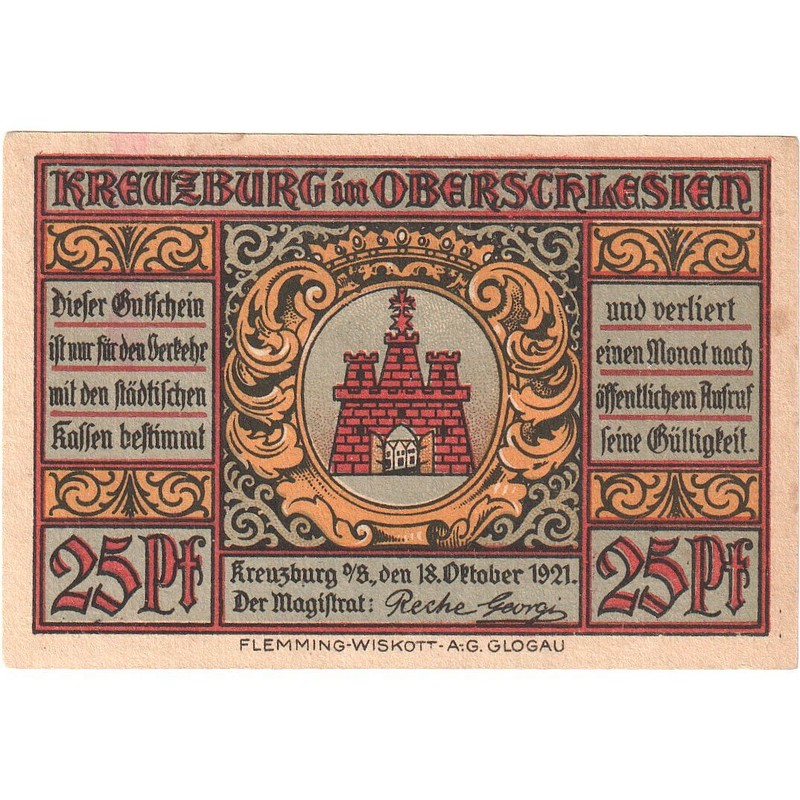 [#329195] Billet, Allemagne, Kreuzburg, 25 Pfennig, Cloche, 1921, 1921-10-18, Sp
