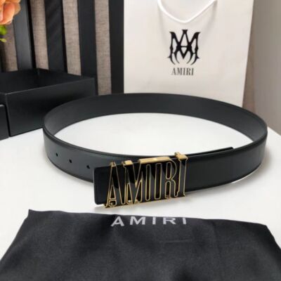 Amiri men's black belt with MA logo gold and metal buckle