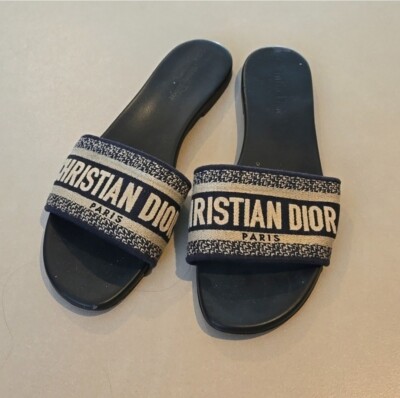 CHRISTIAN DIOR DWAY NAVY BLUE FABRIC SLIDES SANDALS SHOES 39.5