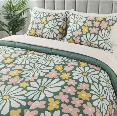 Retro Floral 5-Piece Reversible Bed in a Bag Comforter Set with Sheets, Twin/XL