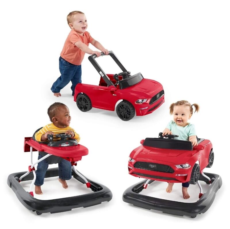 Bright Starts Ford Mustang 4-in-1 Red Baby Activity Center & Push Walker with...