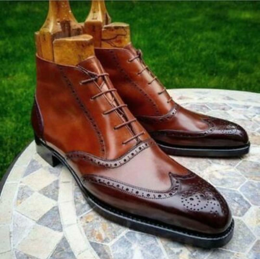 Pre-owned Handmade Men's Pure Leather Patina Ankle Dress Boots, Best