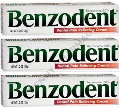 Benzodent Dental Pain Cream 1oz ( 3 pack ) FRESH PHARMACY SUPPLY! ^