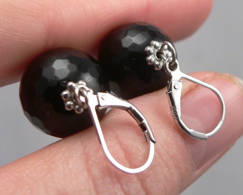 STERLING Silver Faceted Black Glass Ball Dangle Pierced EARRINGS Leverback 9.2g