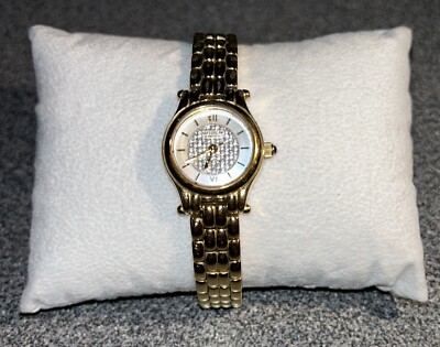 Gruen Swiss Woman s Gold Tone Watch GSL014 MOP Crystal Accent Dial Needs Battery