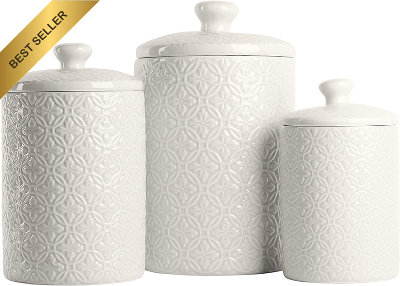 CAN-HMPTN-WHT Kitchen Canister Set, 3 Piece, Hampton White