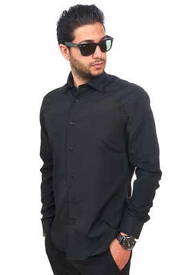 New Mens Dress Shirt Solid Black Tailored Slim Fit Wrinkle Free Cotton AZAR MAN
