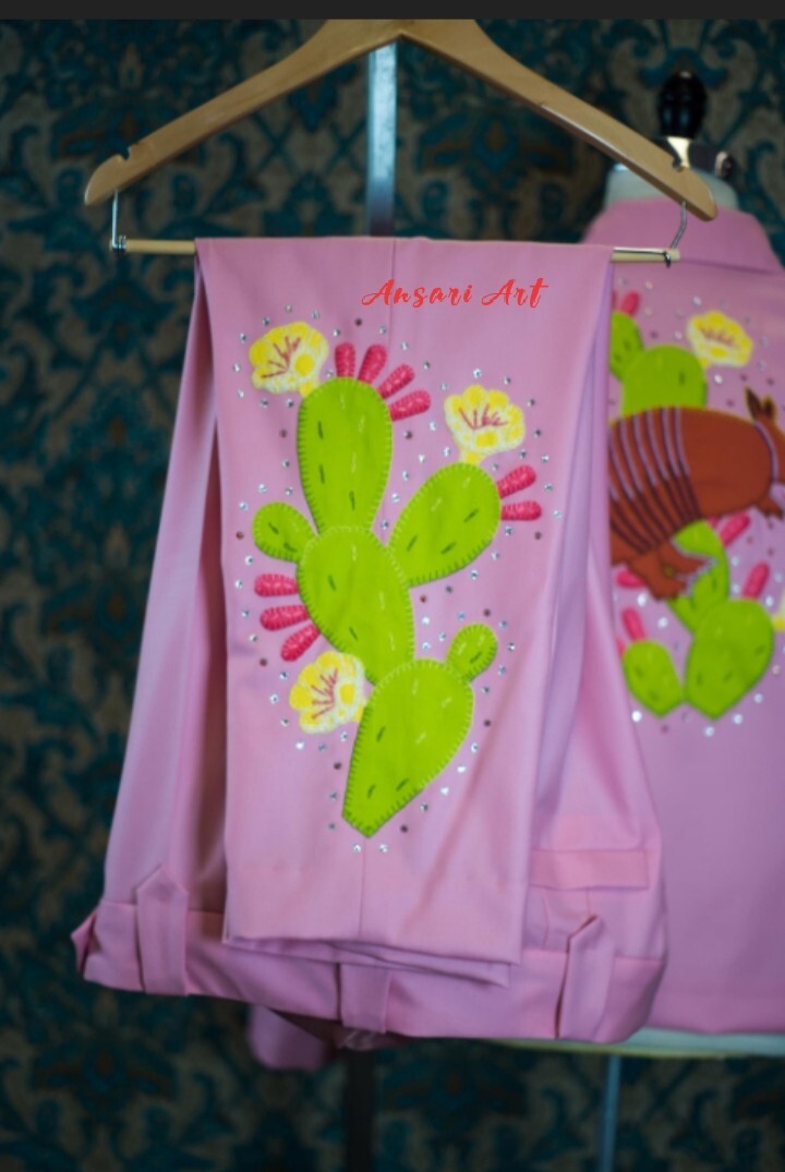 Pre-owned Art Men's 2 Piece Pink Country Western Embroidered Designer Blazer & Pant Suit Set