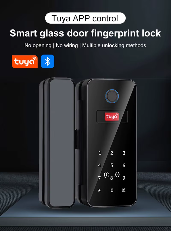 Tuya Bluetooth Biometric Glass Door Smart Lock Fingerprint Password Card Electro