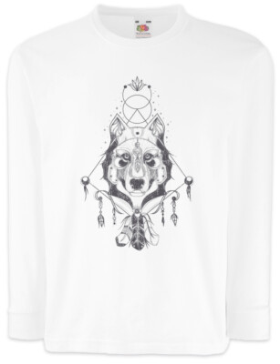 Indian Wolf & Feathers Kids Long Sleeve T-Shirt Native American Axe Tomahawk