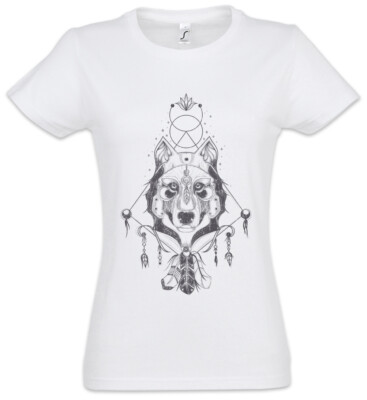 Indian Wolf & Feathers Damen T-Shirt Native American Axe Tomahawk Headman Chief