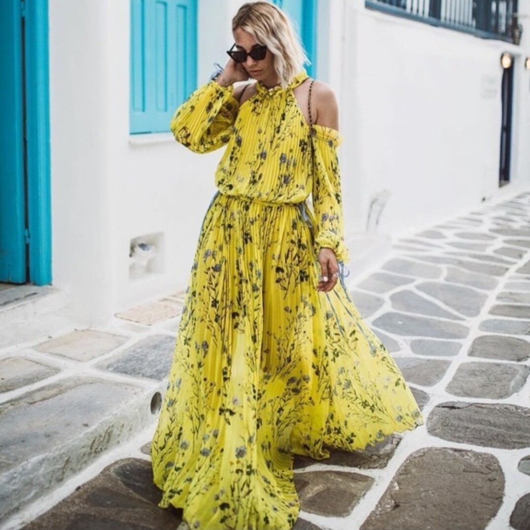 Pre-owned Self-portrait Yellow Off Shoulder Floral Pleated Dress M (us4 &6) L(us8 &10)