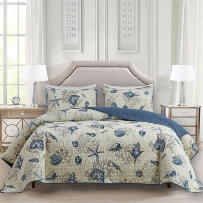 KING NAUTICAL BEACH HOUSE COASTAL SEA SHELL TROPICAL NAVY BLUE TAUPE QUILT SET