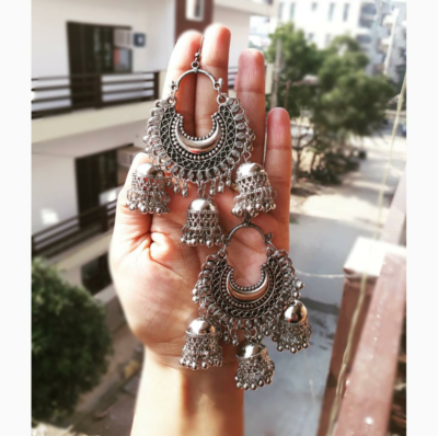 Indian Traditional Bollywood Silver Oxidized 3 Kashmiri Jhumka