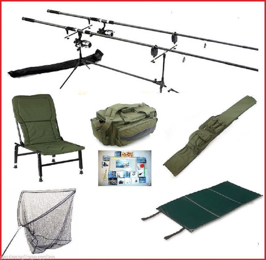 Carp Fishing Set Kit Rods Reels Alarms Chair Rod Pod Net Rod Bag ... - $ 57