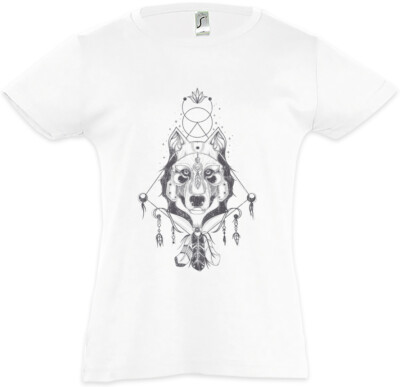 Indian Wolf & Feathers Kids Girls T-Shirt Native American Axe Tomahawk Chief