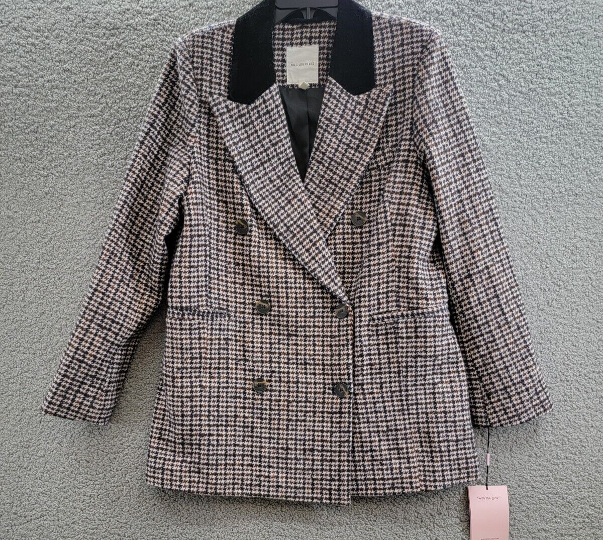 Avec Les Filles Velvet Lapel Wool Blend Blazer Women's L Camel/Black Houndstooth - Picture 2 of 20