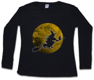 WITCH MOON DAMEN LANGARM T-SHIRT Walpurgis Night Halloween Broom Cat Blocksberg