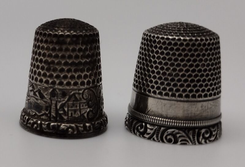 2 Vintage Sterling Silver Thimble Engraved Scene Size 8 925 Lot