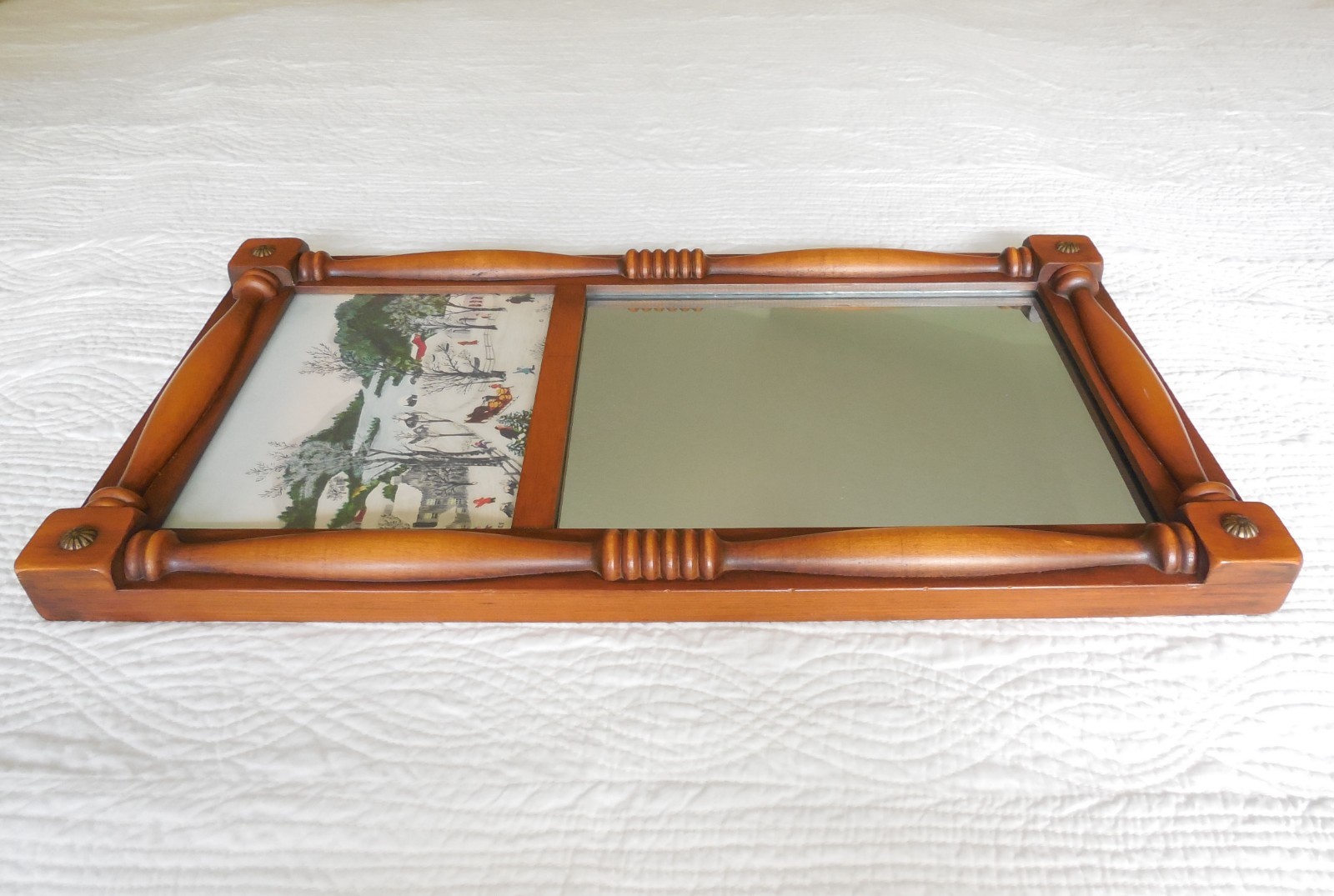 Antique Solid Wood Wall Mirror Federal Colonial Frame Grandma Moses Winter Print