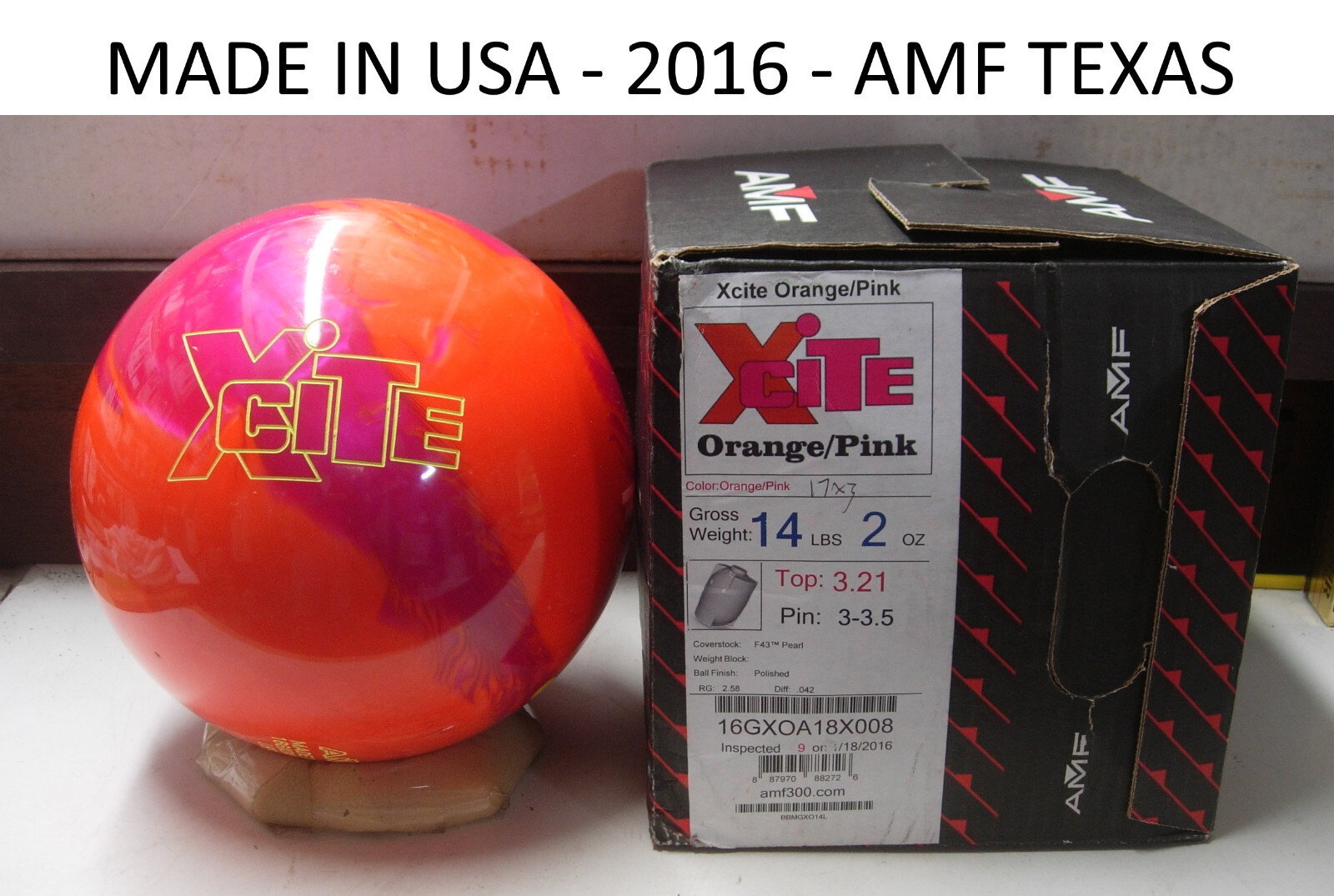14 lb 2oz, TW 3.21 PIN3-3.5, AMFTX 2016 AMF XCITE Bowling