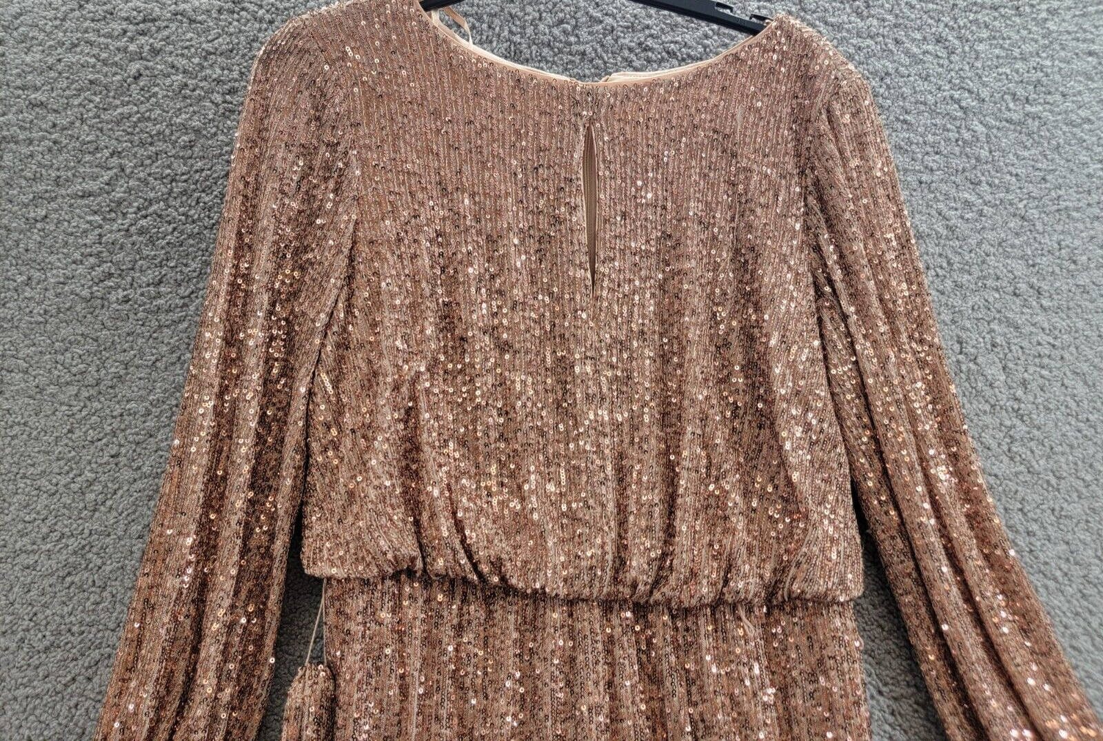 Eliza J Sequin Blouson-Sleeve Boat-Neck Dress Women's 10 Latte Back Zip Closure - Picture 3 of 18