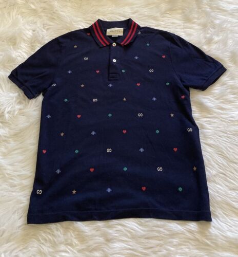 Gucci Polo Button Shirt Stars Hearts Embroidered Navy Blue Gucci Polo Button Shirt Stars Hearts Embroidered Navy Blue