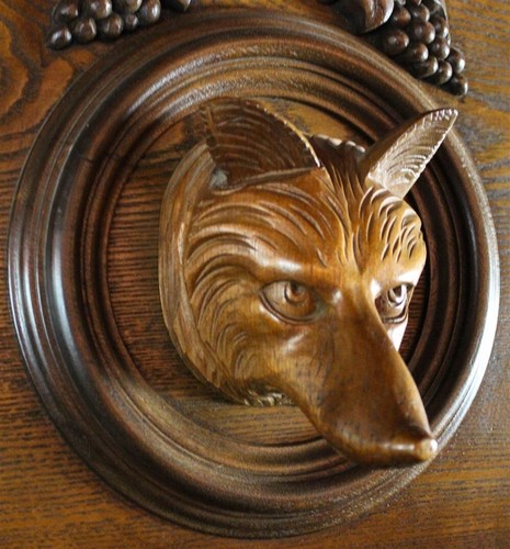 AMERICAN ROCOCO OAK OR CHESTNUT MARBLE TOP BUFFET WITH FOX HEAD