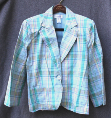 Chadwick's Women's Size 16 Pastel Plaid Lined Cotton Long Sleeve Blazer