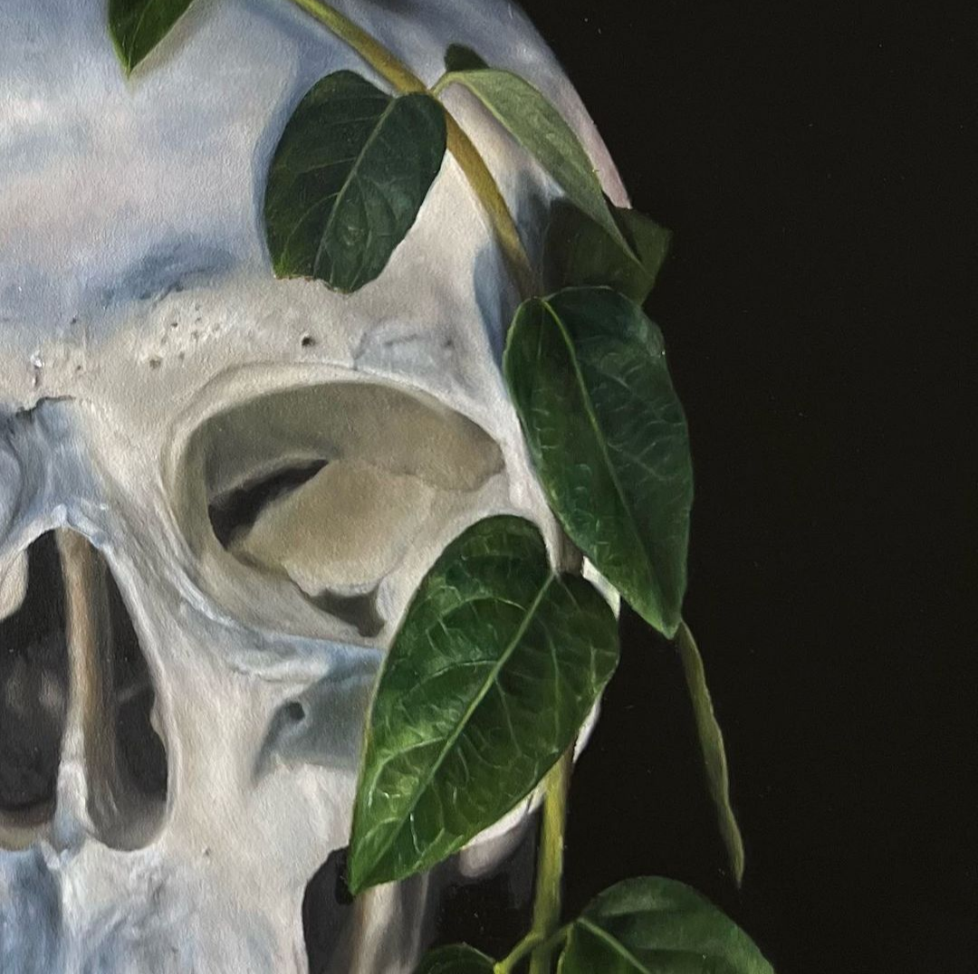 Oil Painting of Skull Wrapped in Green Leaves "What is Left" 12 x 12