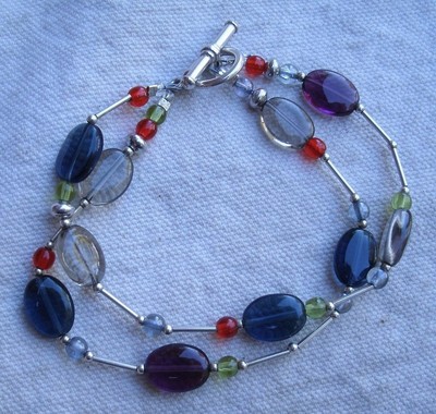 Handmade Glass & Silver Bead Jewelry Set,Necklace,Bracelet,Earrings -blue,purple