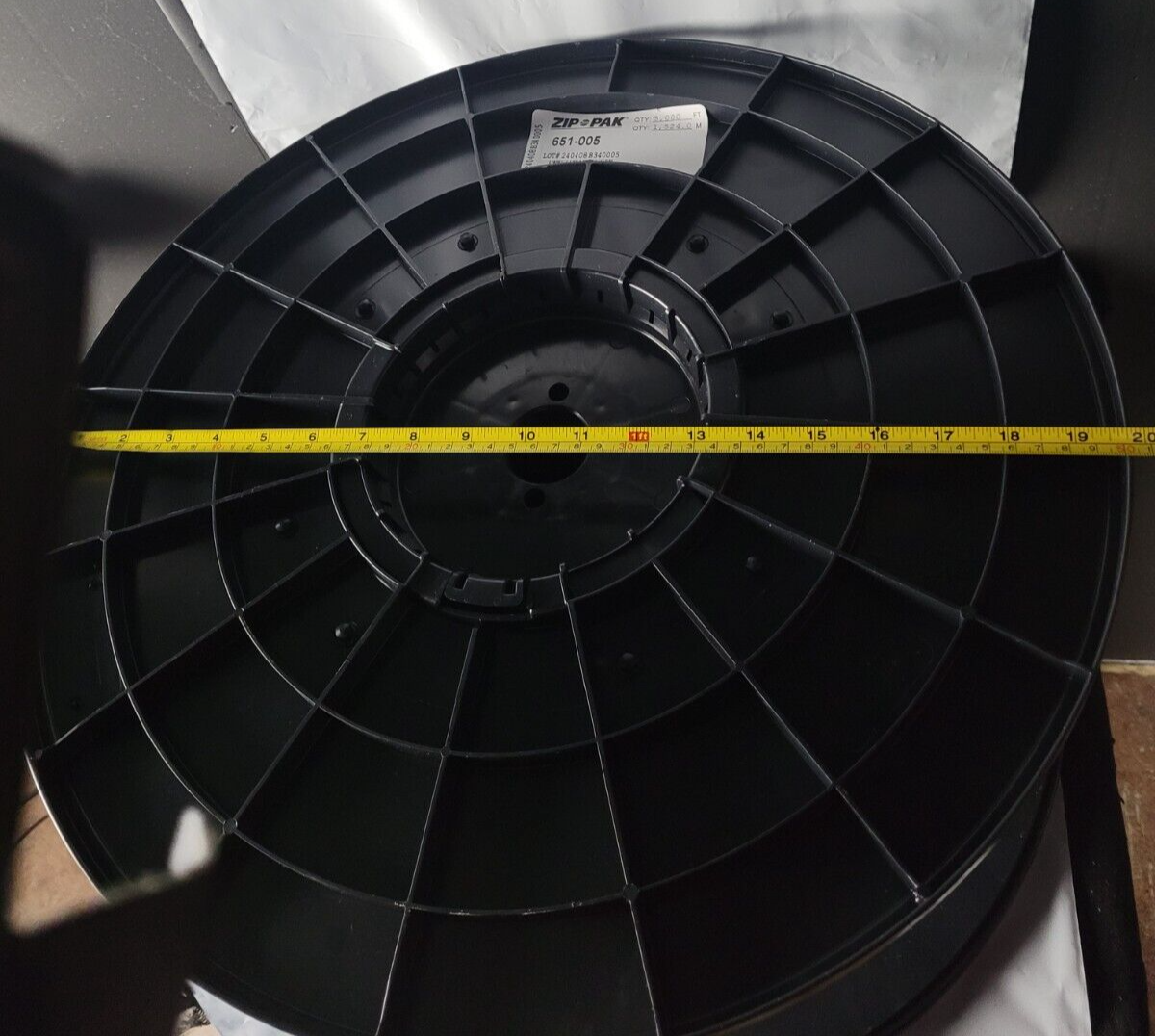 EMPTY LARGE BLACK PLASTIC SPOOL  19 1/2"x10"  FOR WIRE ROPE CABLE