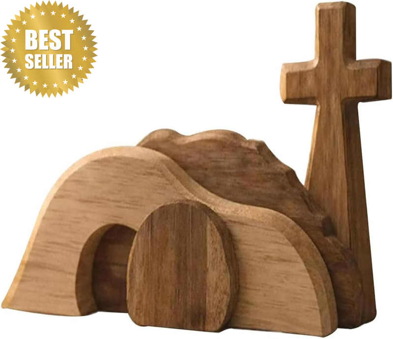 Wooden Easter Resurrection Scene Set,Empty Tomb & Cross Decor,Handcrafted Christ