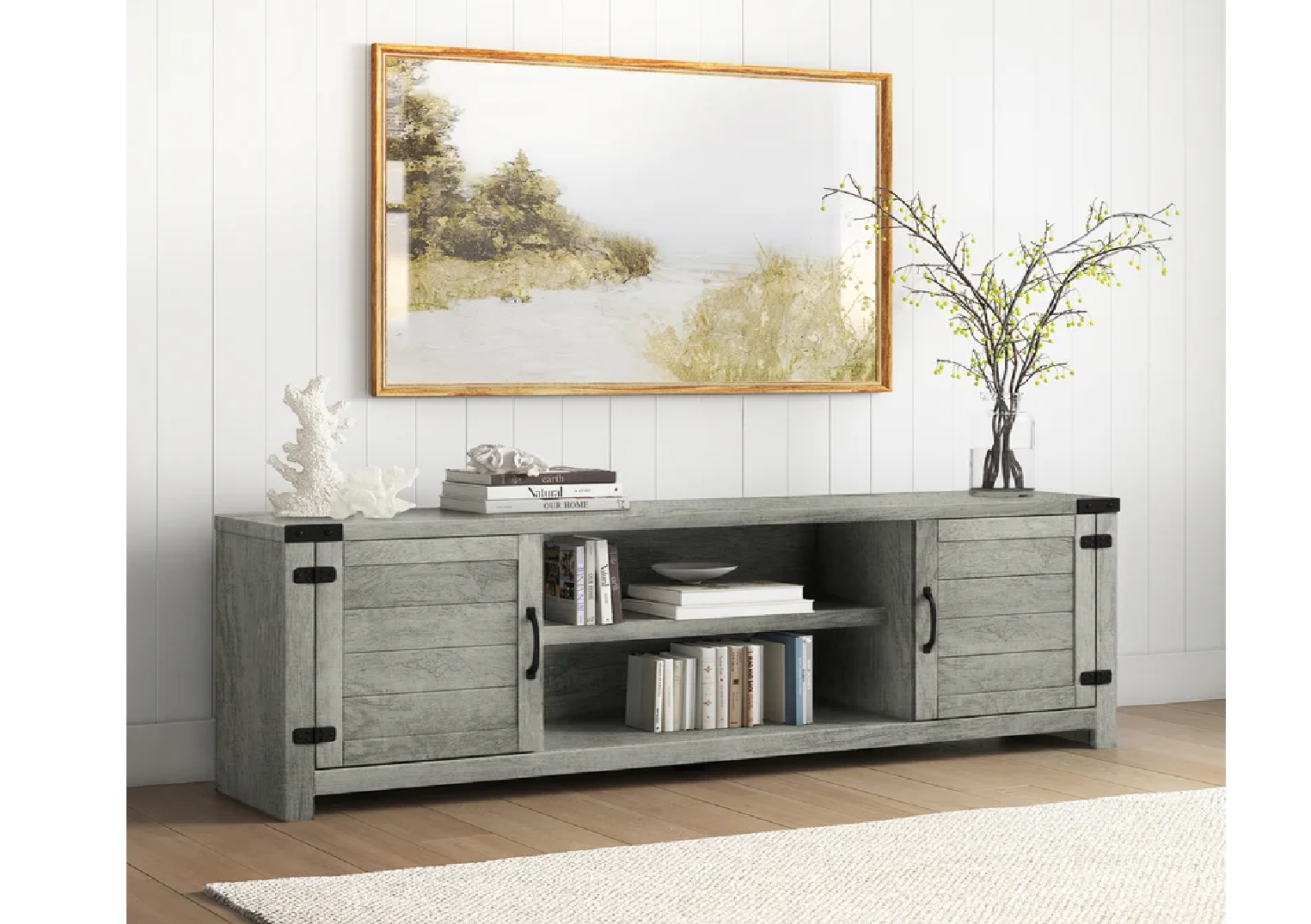 Industrial Tv Media Console Table W/ Storage Shelf For Livin
