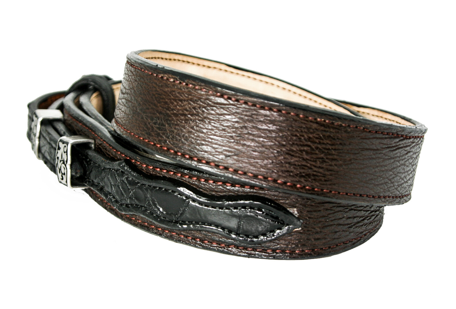 Pre-owned Handmade Mens Leather Belts Custom Ranger Belt Real Brown Shark Andblackalligator In Black Shark And Brown Alligator