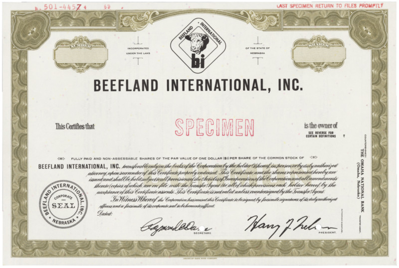Beefland International, Inc. Stock Certificate. 
