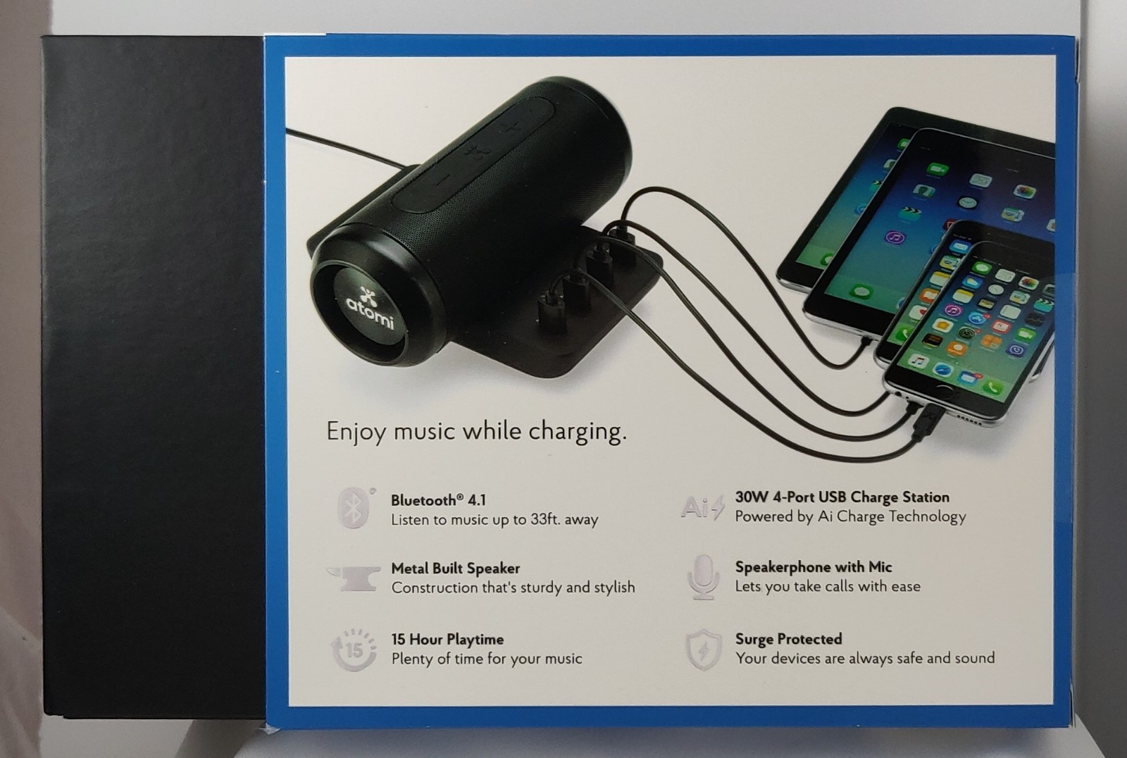 Atomi Sonick Plus Portable Charger Hub with Removable Bluetooth Speaker Black