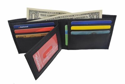 Mens Genuine Leather Black Flap Credit Card ID Holder Slim Bifold Wallet
