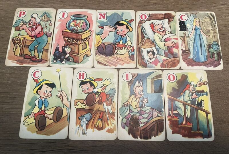 Walt Disney Films 1940 Castell Pinocchio Card Game Cards Colored Set Of 9 Cards